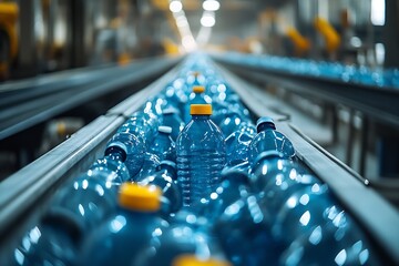 Leinwandbilder - Conveyor Belt System with Blue Plastic Bottles in Industrial Factory Environment : Generative AI