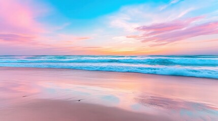 Poster - Vibrant sunset over a tranquil beach with pastel skies and gentle waves, AI