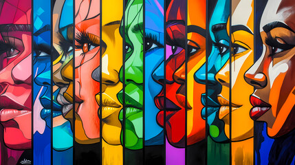 Wall Mural - Vibrant street art mural featuring a series of colorful, diverse faces portrayed side-by-side, highlighting individuality and unity. Graffiti Murals. Illustration