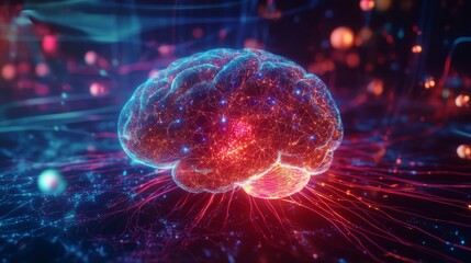 Poster - This artwork features a glowing brain with intricate neural pathways radiating energy, set against a dark background that highlights its vibrant colors and complexity of cognition.