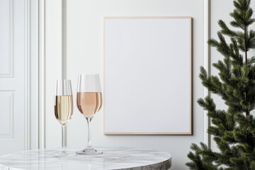 Mock up poster frame on the wall near a Christmas tree and glasses of sparkling wine on a marble table