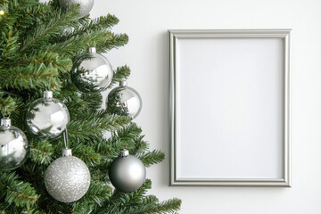 Wall Mural - Mock up poster frame on the wall near the Christmas tree with silver ornaments