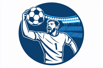 Soccer player illustration, energetic pose with ball, blue color scheme, athletic spirit