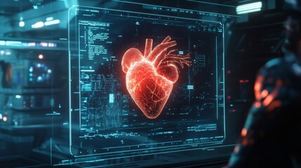 Aufkleber - A glowing holographic representation of a human heart is showcased in a modern laboratory.