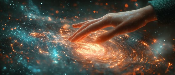 Aufkleber - Hand reaching out to touch a glowing metaverse universe, with holographic elements and digital grids, representing futuristic technology and digital transformation