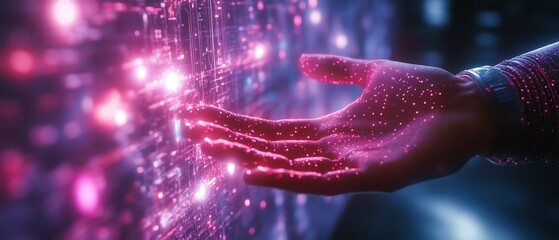 Fototapete - Hand reaching out to touch a glowing metaverse universe, with holographic elements and digital grids, representing futuristic technology and digital transformation
