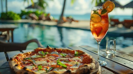 Wall Mural - Pizza and tropical cocktail by infinity pool with ocean view at beach restaurant.