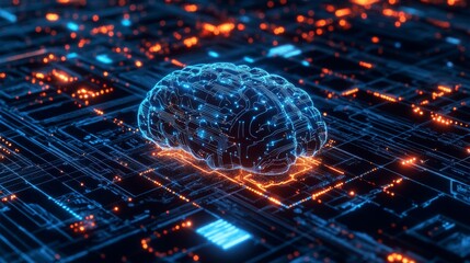 Leinwandbilder - A digital representation of a human brain sits on a circuit board, lit with blue and orange lights.