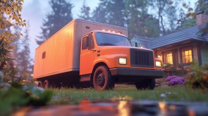 Orange delivery truck parked on a driveway near a charming house surrounded by lush greenery during sunset