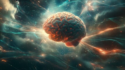 Aufkleber - A brain surrounded by a mesmerizing cosmic backdrop, illuminated by vibrant energy bursts and swirling nebulas. The image captures the essence of creativity and thought in an otherworldly setting.