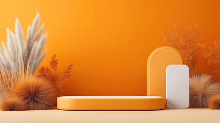 Wall Mural - modern abstract composition with geometric shapes and dried botanical elements on an orange backgrou