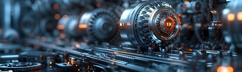 Poster - A futuristic close-up of intricate, high-tech machinery featuring metallic gears and glowing components.