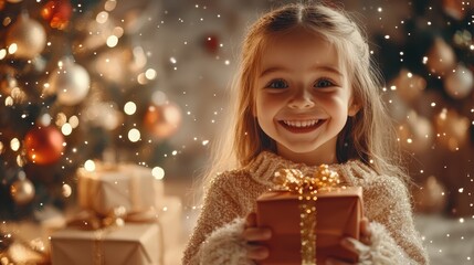 Wall Mural - A joyful girl holding Christmas gifts and smiling in a warmly decorated English living room filled with festive holiday decorations during the Christmas season