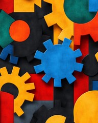 Colorful gears interlocked on a textured black, red, and yellow background.