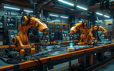 Aufkleber - A futuristic industrial setting featuring robotic arms assembling parts on a well-lit production line.