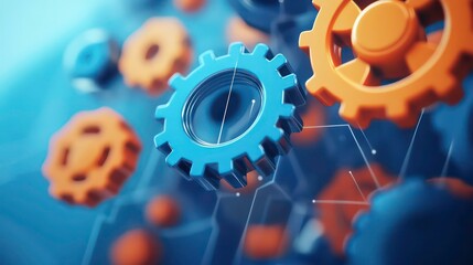 Close-up of blue and orange gears on a digital background.