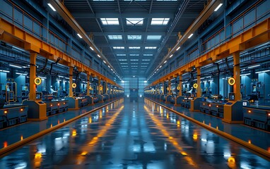 Poster - A modern industrial warehouse with bright lighting and polished floors, featuring assembly lines and machinery in a spacious layout.