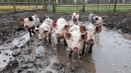 A group of adorable piglets stand in a muddy pen, looking up at the camera with curiosity. They are covered in mud, and their pink skin is visible.