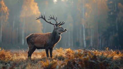 Poster - Majestic red deer stag with large antlers standing in a misty autumn forest, sunlight filtering through the trees.