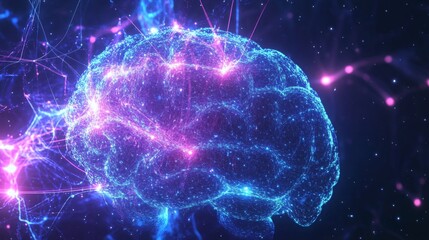 Poster - A digital rendering of a brain with a blue and pink color scheme. The brain is surrounded by glowing lines, representing the pathways of neurons and synapses.