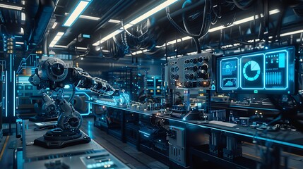 Poster - A futuristic robotic arm operates in a high-tech lab filled with glowing screens and advanced machinery.