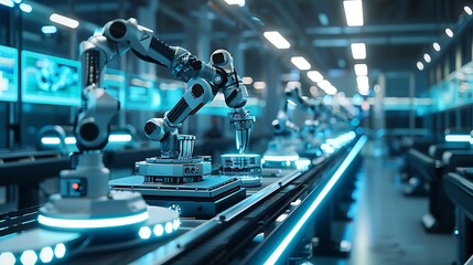 Poster - A futuristic robotic assembly line with automated arms and illuminated pathways, showcasing advanced manufacturing technology in a high-tech environment.