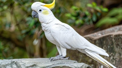 Sulfur-crested Cockatoo A white parrot with a yellow beak stood on the shelf.