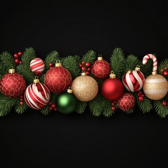 Festive Christmas garland with red, gold and green ornaments, candy cane and evergreen branches on a black background.