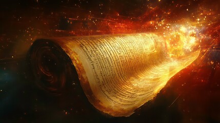 Wall Mural - ancient scroll unfurling to reveal holographic biblical text in cosmic temple