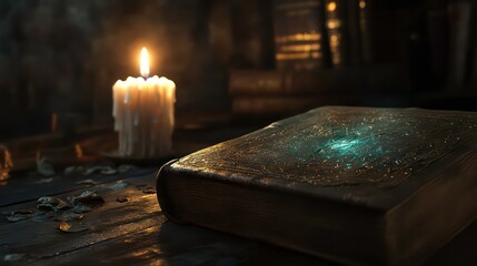 Wall Mural - a lit candle illuminates a closed, antique book with an ethereal glow on its cover.