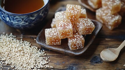 Sweet Treats with Tea and Sesame Candy on Wooden Table