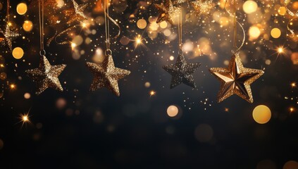 Fototapete - Dark background with golden stars hanging in the air, creating an atmosphere of celebration and joy for Christmas or other festive events.
