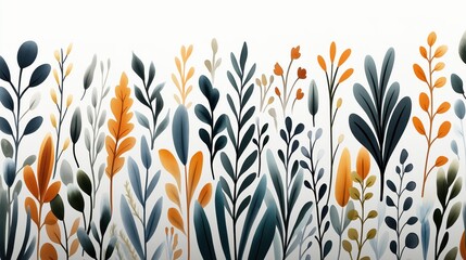Wall Mural - abstract botanical illustration featuring stylized plants with various leaves in shades of orange, b