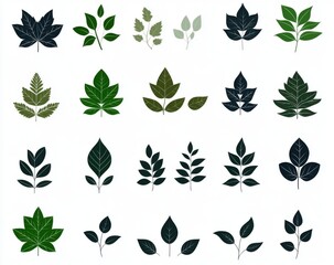 Green leaf icons isolated on a white background, designed as simple shapes in a flat color style, suitable for eco-friendly product packaging or natural brand logo templates.