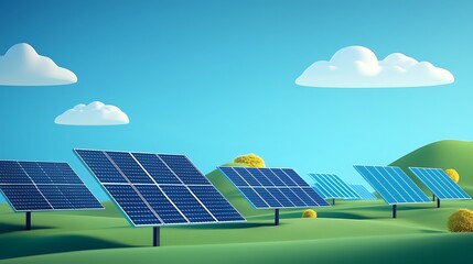 A vibrant scene showcasing solar panels in a lush green landscape under a bright blue sky with fluffy clouds. This image symbolizes sustainable energy.