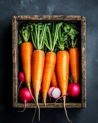 Fresh organic carrots and radishes in a wooden crate.