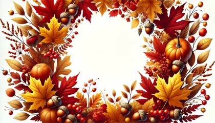 Bright, highly artistic photorealistic autumn leaves in warm colors, with detailed acorns and berries framing a spacious white background, creating an elegant and inviting seasonal frame with a wide, 