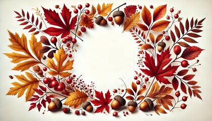 Bright, highly artistic photorealistic autumn leaves in warm colors, with detailed acorns and berries framing a spacious white background, creating an elegant and inviting seasonal frame with a wide, 