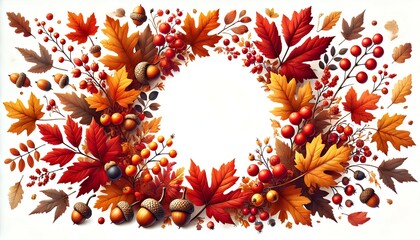 Bright, highly artistic photorealistic autumn leaves in warm colors, with detailed acorns and berries framing a spacious white background, creating an elegant and inviting seasonal frame with a wide, 