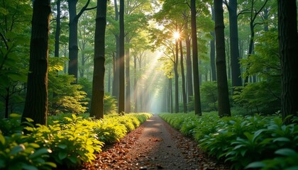 Wall Mural -  A serene forest path leading to the sun