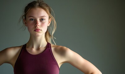 Close-up of a young woman in a maroon fitness top