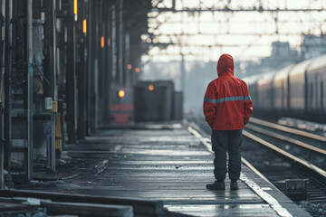 Solitary figure in red jacket waiting on urban train platform at dawn, solitude, travel, transport concept