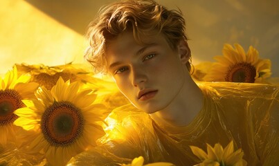 A portrait of a young man with radiant, golden blonde hair, yellow sunflowers