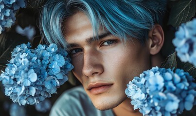 Wall Mural - Closeup portrait of a man with sea-blue hair, holding blue hydrangeas