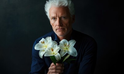 Wall Mural - Closeup portrait of a man with white hair, holding pale white lilies