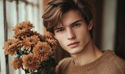 Wall Mural - Closeup portrait of a young man with chestnut brown hair, holding brown chrysanthemums