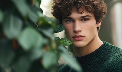 Wall Mural - Closeup portrait of a man with warm brown hair, holding green leaves