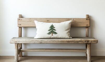 Light gray pillow with minimalist green pine tree embroidery on a rustic wooden bench, set against a white wall