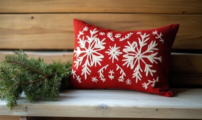 Wall Mural - Rustic red pillow with intricate white ornament embroidery on a light wooden bench, paired with a green pine branch