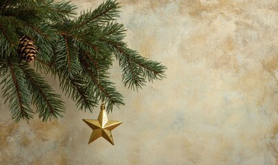 Wall Mural - Single green fir branch with a golden star ornament hanging from it, set against a beige wall and softly lit